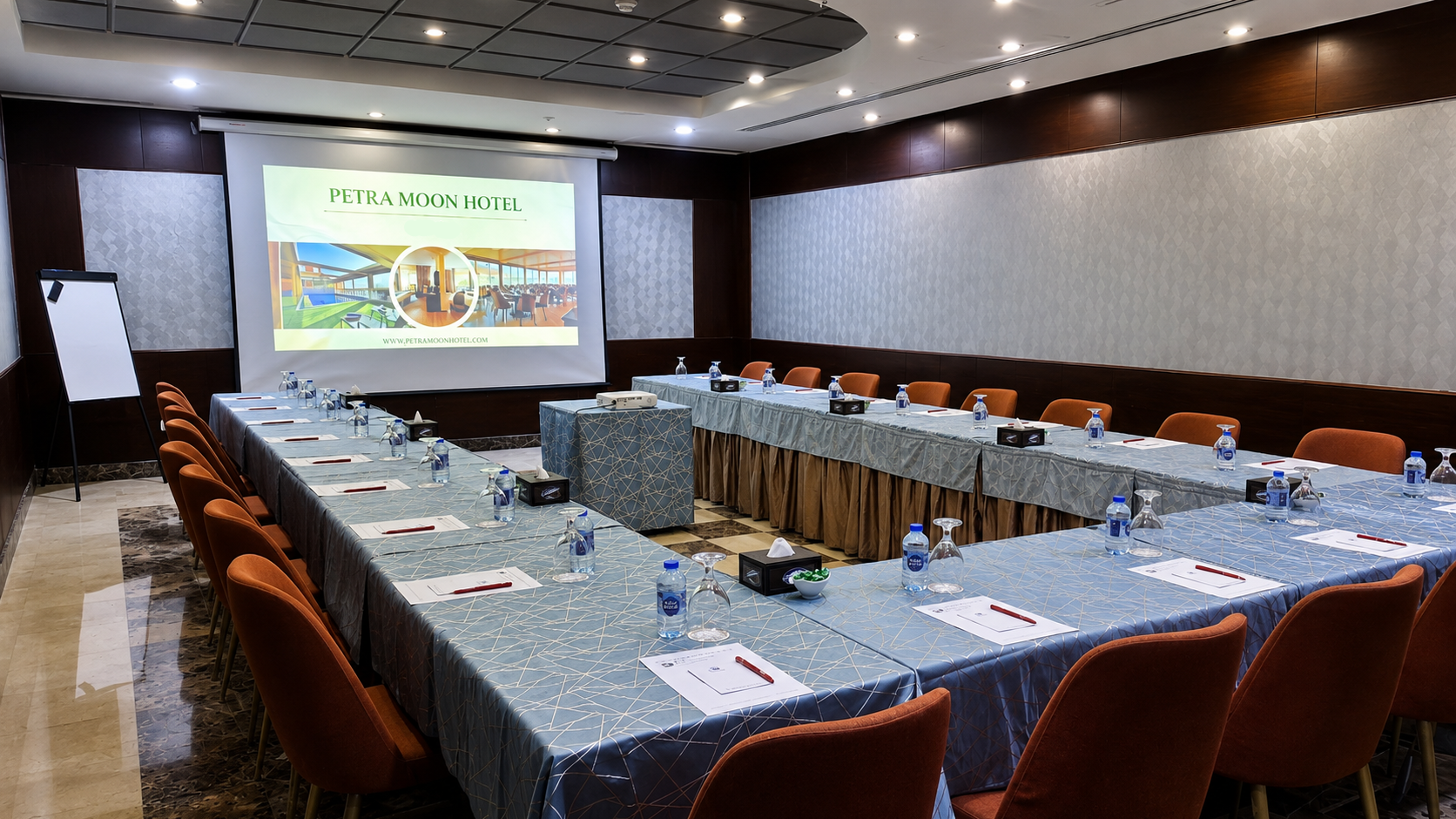 Moon Meeting Room arranged in a U-shaped conference layout
